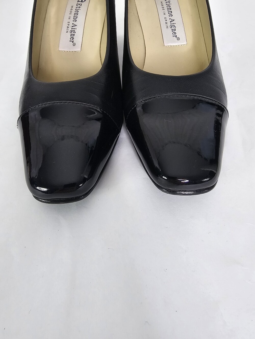Etienne Aigner Strada Black Leather Cap Toe Block Heel Pumps - Picture 5 of 10